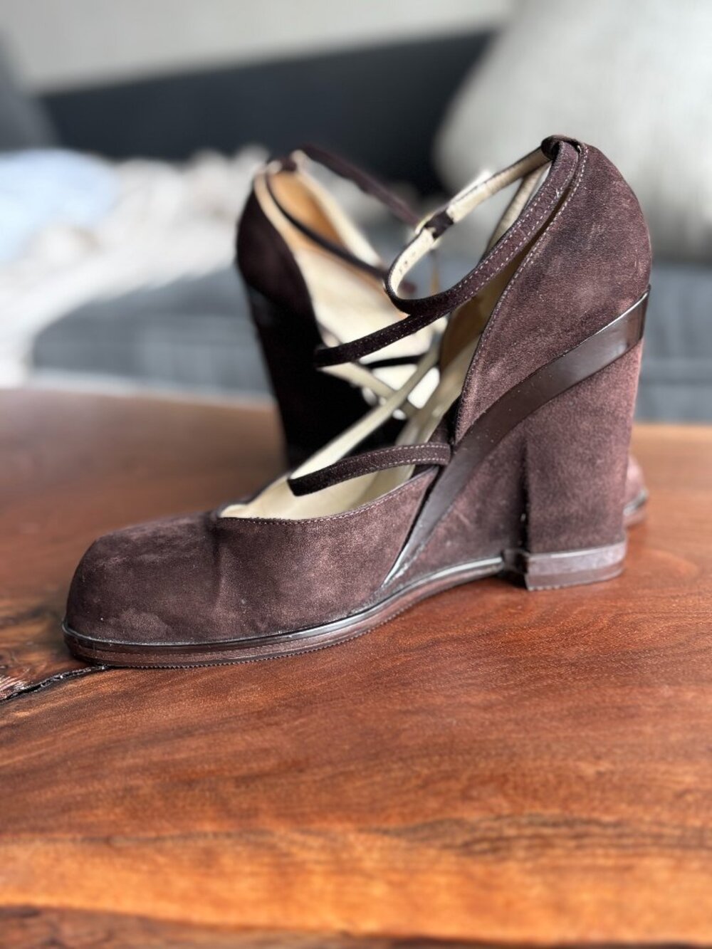 Vintage 90s Michel Perry Brown Suede Strappy Wedge Pumps - Made in Italy